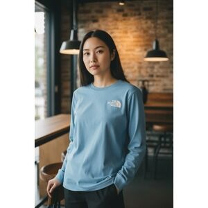 The North Face Logo Graphic T-shirt Women's S Blue Long Sleeve Logo Cotton